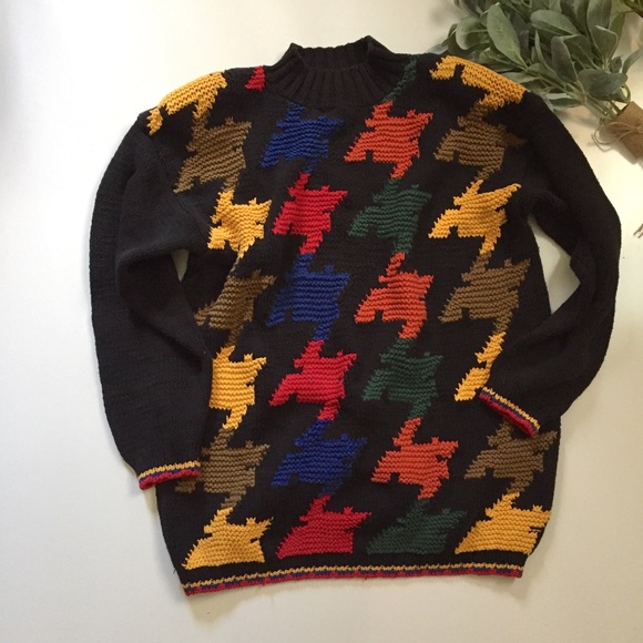 Vintage Sweaters - Vintage Black Colorful Houndstooth Mock  Sweater